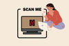 Illustration of a woman with a laptop and coffee next to Netflix logo, symbolizing a QR code that opens Netflix.