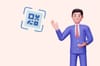 3D illustration of a man in a blue suit presenting a floating QR code on a beige background.